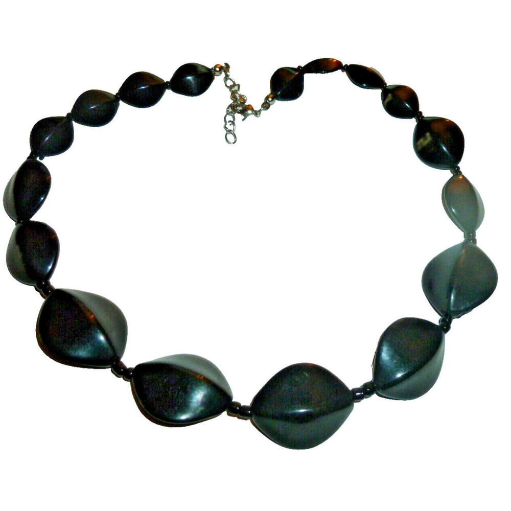 Black Twister Plastic Bead Necklace Choker 16" Beaded